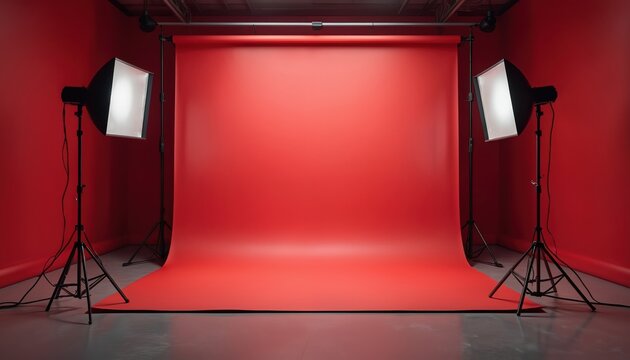Empty photo studio with red cyclorama background and pro lighting equipment setup. Modern minimalist set for creative shoots and commercial advertising.