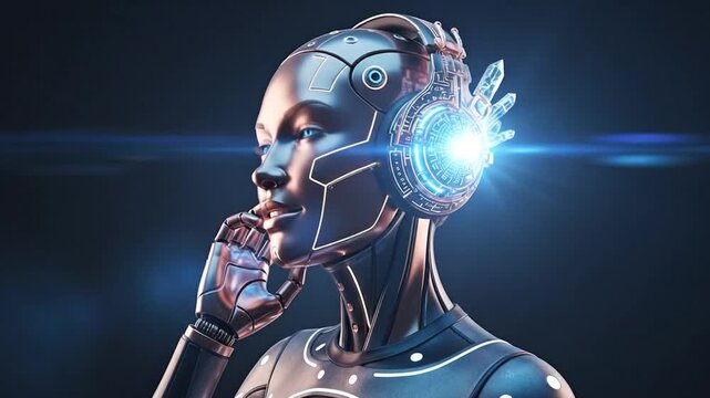 Elegant robot model listening to music, futuristic sci-fi fashion concept