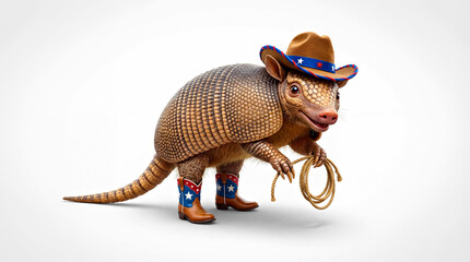 Cute Armadillo Wearing Cowboy Hat and Boots Holding Lasso, Empty White Isolated Background