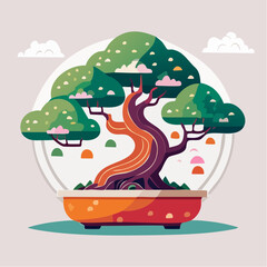 Stylized bonsai tree illustration with lush green foliage and a twisted brown trunk in a red pot.