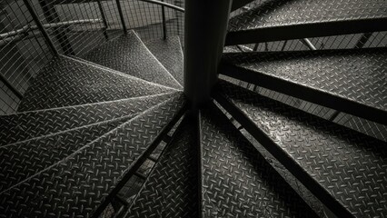 Spiral staircase with metal steps and railings in a dark and moody atmosphere