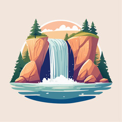Scenic waterfall illustration with cliffs, trees, and a serene pool of water.