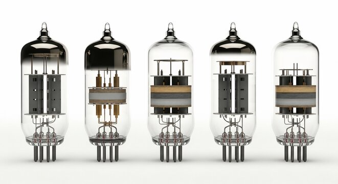Vintage vacuum tubes collection on white background, set of five glass radio valves, retro electronic components for audio amplification and analog technology