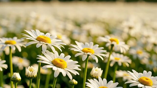 Closeup of a field of white daisies with yellow centers in full bloom on a sunny day.