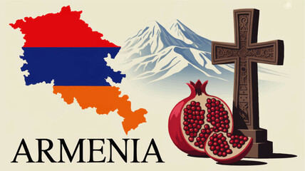 Armenia cultural illustration with flag map Mount Ararat pomegranate fruit and Armenian khachkar stone cross on vintage background