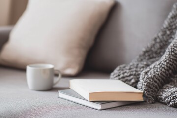 Sitting on a couch with books and a cup on a cozy backdrop during the day