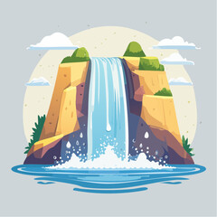 Cartoon illustration of a waterfall cascading down a rocky cliff into a pool of water, with clouds in the background.