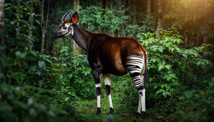Rare Okapi Standing in Lush Rainforest © tran