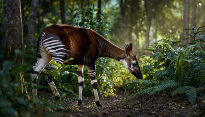 Rare Okapi Foraging in Dappled Sunlight of a Lush Tropical Forest © tran