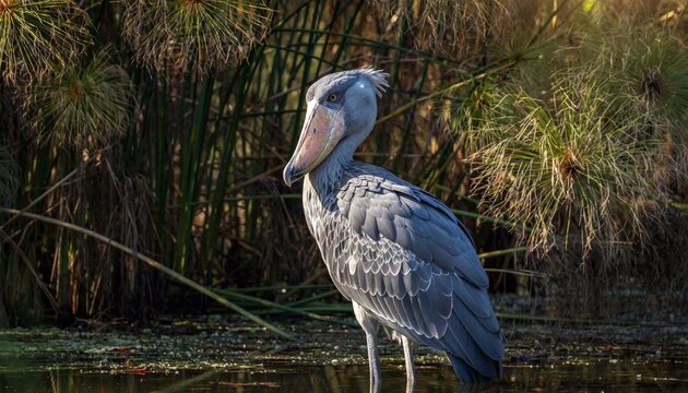 Majestic Shoebill Stork in Golden Light of African Wetland