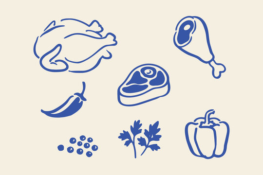 Meat and vegetables simple sketch line drawing vector illustration