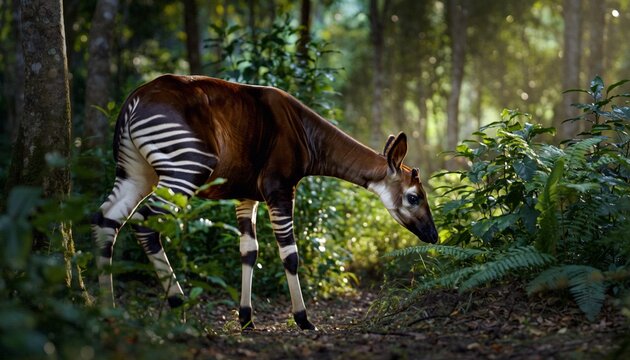Rare Okapi Foraging in Dappled Sunlight of a Lush Tropical Forest