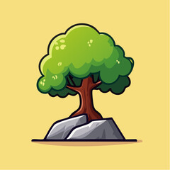 Cartoon illustration of a tree growing on rocks, set against a light yellow background, evoking a sense of nature and resilience.