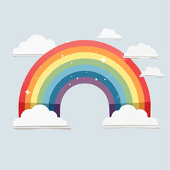 Colorful rainbow with clouds illustration against a light blue background.