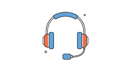 Modern flat icon of a professional headset with a microphone in blue and orange colors for customer service or gaming communication.