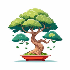 Cartoon bonsai tree with a thick, twisted trunk in a red pot, with green leaves.