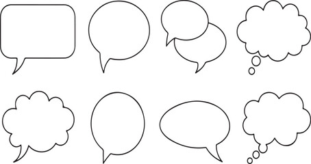 Fototapeta premium Eight empty speech bubbles in black and white line style line eight blank