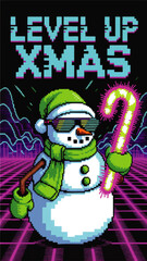 Retro gaming Christmas snowman with neon candy cane, pixel art Level Up Xmas illustration on black background