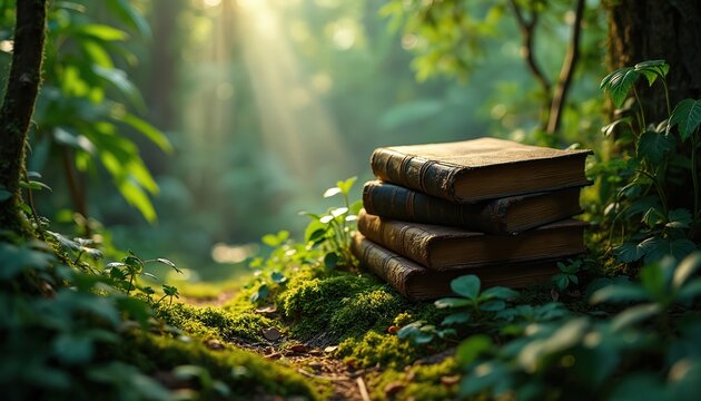 Four old antique leather bound books piled on mossy forest floor. Sun rays pierce dense green jungle foliage creating magical light and shadow contrast. Nature discovery.