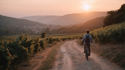 Person riding a bicycle on a dirt road in a vineyard. the person is wearing a backpack and is facing away from the camera.
