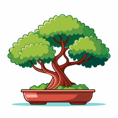 Cartoon bonsai tree with green leaves in a red pot, isolated on white background.