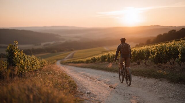 Man riding a bicycle on a dirt road in a vineyard. he is wearing a helmet and a backpack, and the sun is setting in the background, casting a warm glow over the landscape.