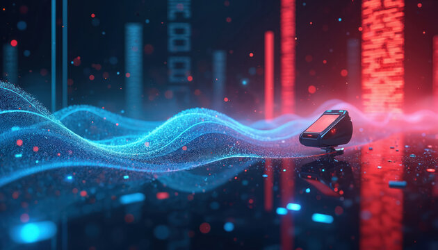 Abstract digital waves flow near futuristic device in neon space. Data streams pulse with red and blue lights. Cybernetic AI concept background. Future tech. - Powered by Adobe