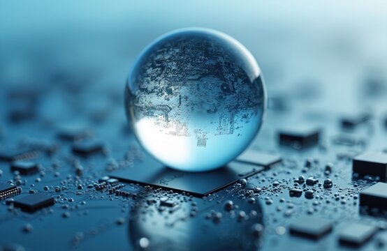 Glass sphere reflects intricate circuit board patterns. Computer chips and electronic components lie on the board. Futuristic technology merges with global data networks. - Powered by Adobe