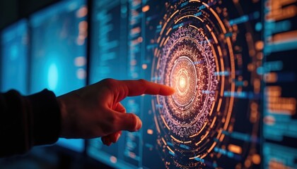Person interacts with glowing digital interface displaying complex network data. Hand points to bright center of circular graphics on screen. Futuristic tech concept.