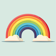 Cartoon rainbow with clouds on a light blue background.
