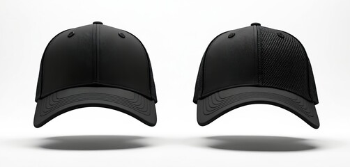 Two black baseball caps displayed side by side on white background. One cap is solid black, the other features mesh sides. Both caps have adjustable straps and a classic curved brim design.