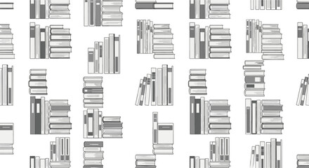 Seamless pattern showcasing multiple stacks and rows of books in shades of grey representing a library or study space.
