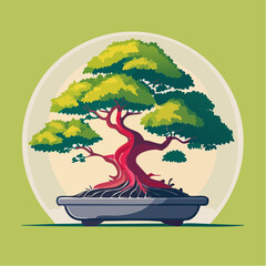 A vibrant bonsai tree with red trunk and green leaves in a gray pot against a light green background.
