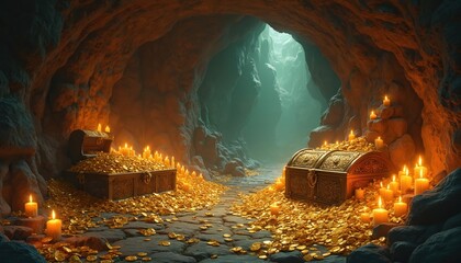 Two ornate treasure chests overflow with gold coins in a dark cave lit by numerous candles. Rock walls surround the hoard. The scene suggests immense wealth and hidden riches waiting to be discovered.