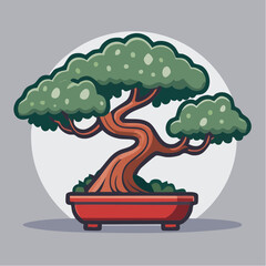 Cartoon illustration of a bonsai tree in a red pot against a gray background.
