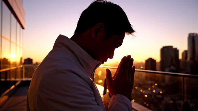 Asian man praying on rooftop at sunrise, cityscape background for hope and spiritual connection.