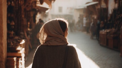 Woman walking down a narrow street in an old town. she is wearing a brown shawl wrapped around her head and carrying a black bag.