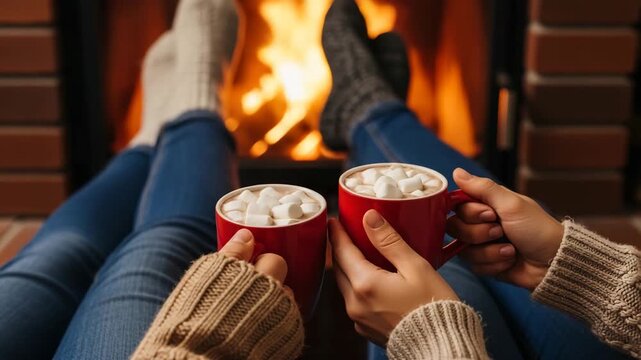 A woman and a man in knit socks holding red mugs with hot cocoa or coffee by a fireplace, cozy winter evening concept for relaxation
