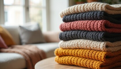 Pile of cozy knitted sweaters in neutral colors stacked on table. Soft warm clothing layers create inviting home interior ambiance. Autumn fall winter fashion comfort.