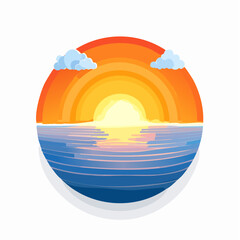 Illustration of a sunset over the ocean with clouds, depicted in a circular format.