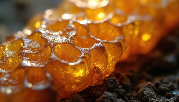 Closeup of crystallized propolis resin with golden amber color. Intricate natural texture of honeycomb structure glows with warm light, showing organic detail.