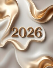 Minimalist abstract wave composition with metallic gold highlights concrete surface and strong 2026 expressing elegant new year design