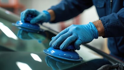 Mechanic installs car windshield with blue suction cups. Worker uses tools for auto glass repair in workshop. Technician fixes vehicle at garage service.