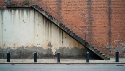 Exterior brick wall with old concrete staircase and sidewalk. Gray bollards stand near asphalt road. Building facade texture shows wear and age.