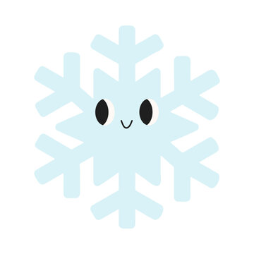 Cute flat snowflake character with smiling face. Simple winter icon in minimal hand drawn style. Perfect for seasonal design, holiday decoration and children illustration.