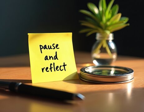 Desk with yellow sticky note, plant in vase, magnifying glass, and pen. Note reads pause and reflect to encourage contemplation and self-analysis on work or life.