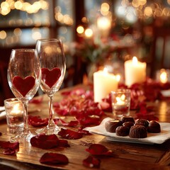 Romantic dinner setting with candles, chocolates, rose petals, and wine glasses for two. AI-generated image Valentine's Day