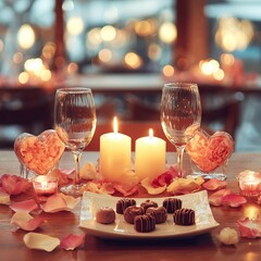 Romantic dinner setting with candles, chocolates, rose petals, and wine glasses for two. AI-generated image Valentine's Day