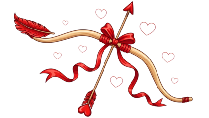 Valentine's Day bow and arrow with red ribbon and hearts