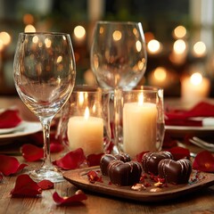 Romantic dinner setting with candles, chocolates, rose petals, and wine glasses for two. AI-generated image Valentine's Day